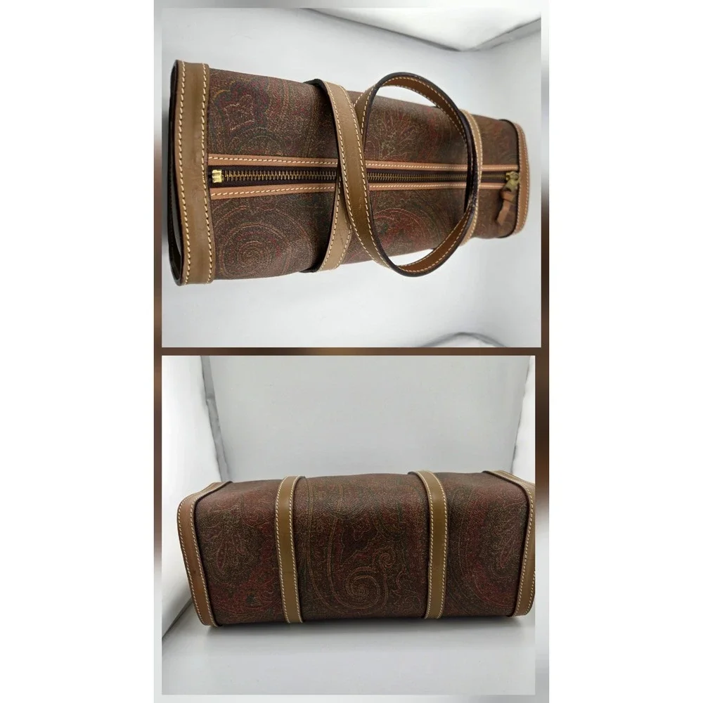 Etro Milano Paisley Print Barrel Bag Brown Leather Trim Vintage Cylinder Satchel